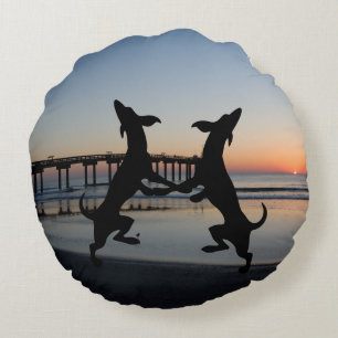 Happy Dancing Dogs on Beach Round Cushion
