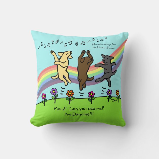 Happy Dancing Labrador Trio at the Rainbow Bridge Cushion (Front)