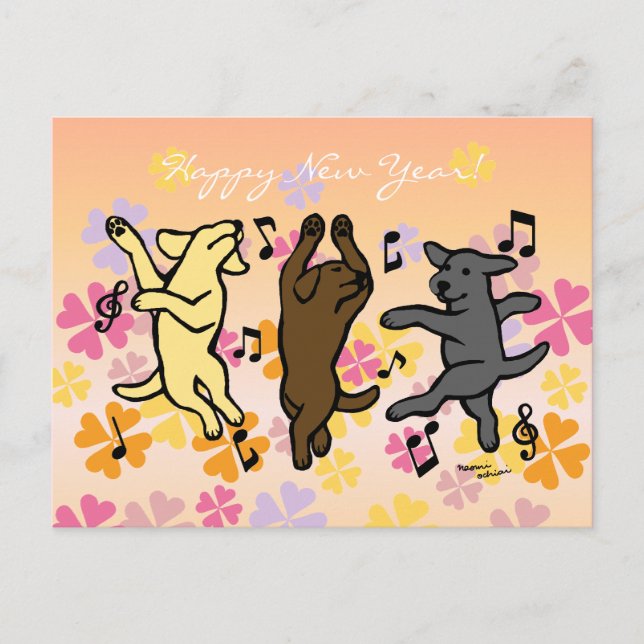 Happy Dancing Labrador Trio Cartoon Floral Holiday Postcard (Front)