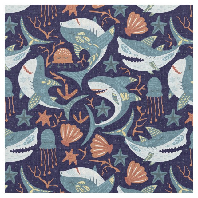 Happy Dancing Sharks on Ocean Blue Fabric (Close Up)