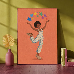 Happy Dancing Woman with Colourful Stars Art Print
