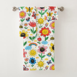 Happy Days - Cheerful Flower and Friends Pattern Bath Towel Set