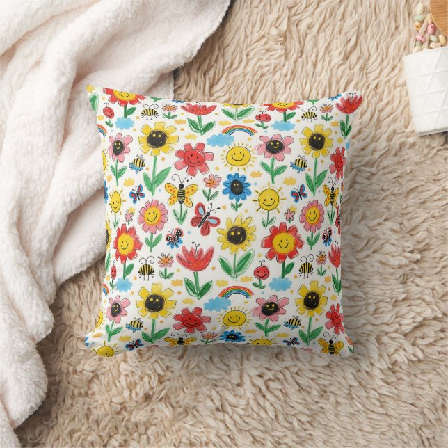 Happy Days - Cheerful Flower and Friends Pattern Cushion (Blanket)