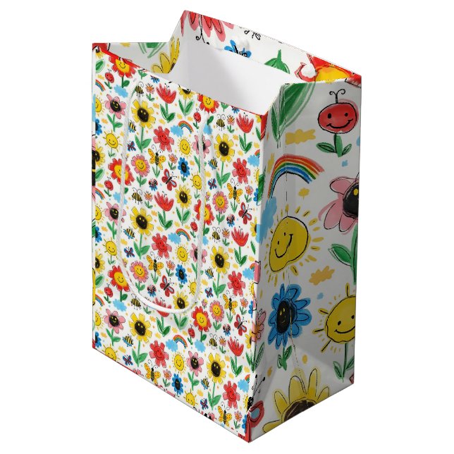 Happy Days - Cheerful Flower and Friends Pattern Medium Gift Bag (Front Angled)