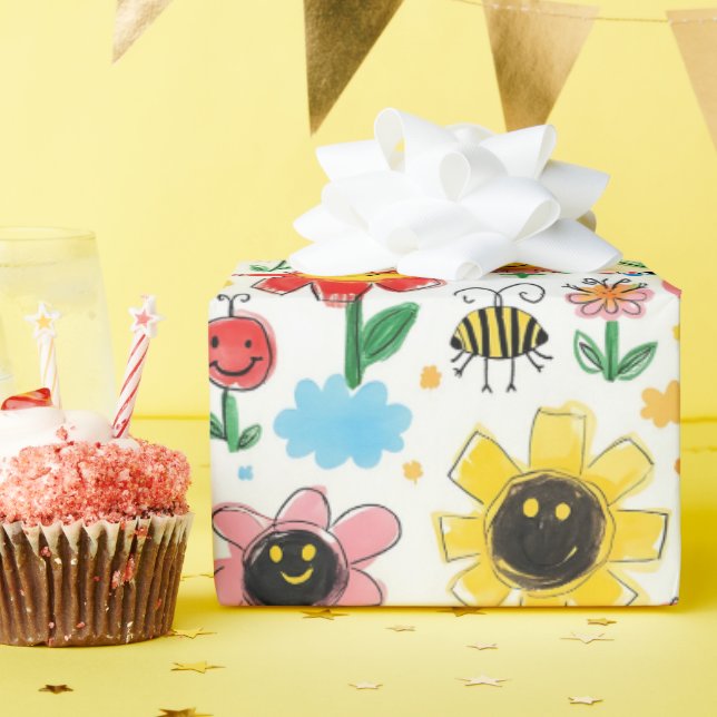Happy Days - Cheerful Flower and Friends Pattern Wrapping Paper (Birthday Party)