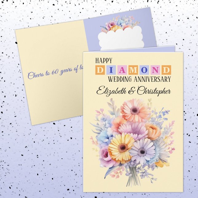 Happy Diamond Anniversary names flowers peach Card (Creator Uploaded)