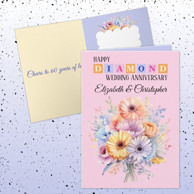 Happy Diamond Anniversary names flowers pink Card (Creator Uploaded)