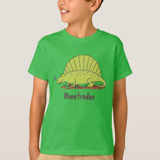 Happy Dimetrodon green cartoon dinosaur T-Shirt (Front)