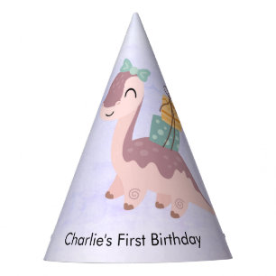 Happy Dinosaur carrying 2 gifts, purple Party Hat