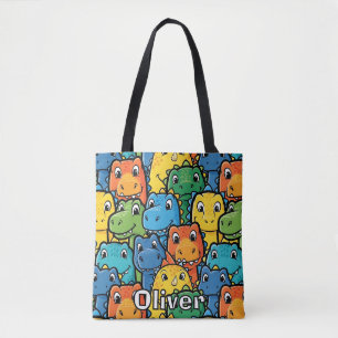 Happy Dinosaur Faces Crowded Pattern Tote Bag