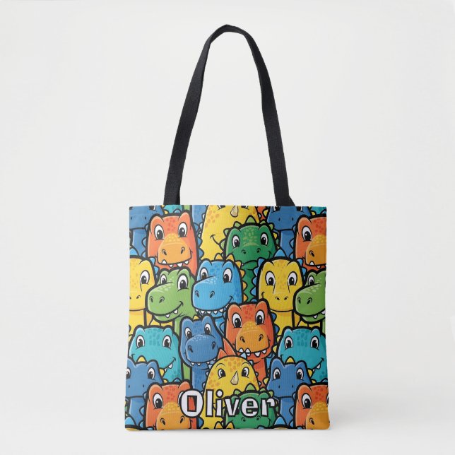 Happy Dinosaur Faces Crowded Pattern Tote Bag (Front)