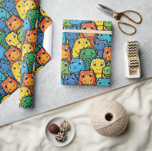 Happy Dinosaur Faces Crowded Pattern Wrapping Paper