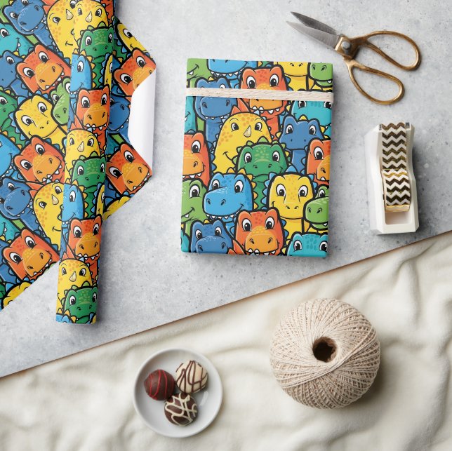 Happy Dinosaur Faces Crowded Pattern Wrapping Paper (Crafts)