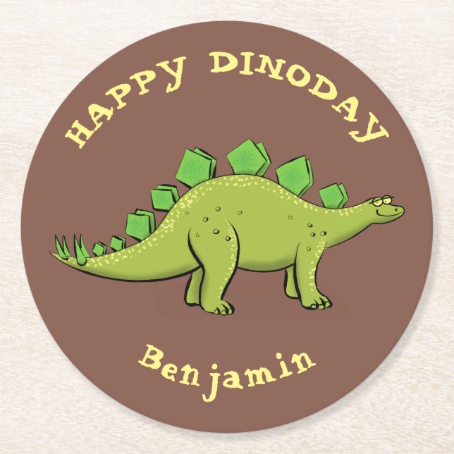 Happy dinosaur stegosaurus cartoon round paper coaster (Front)
