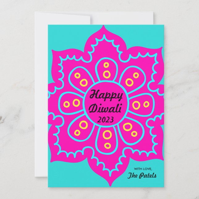 Happy Diwali 2022 Pink Turquoise Blue Rangoli Holiday Card (Front)