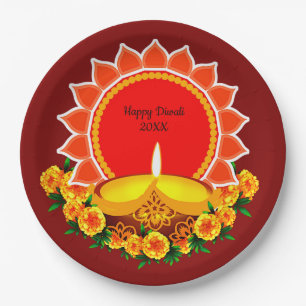 Happy Diwali 20xx Add Year or Text Marigolds 9" Paper Plate