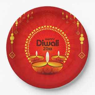 Happy Diwali 20xx Add Year or Text  Red Yellow 9" Paper Plate