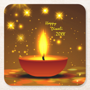 Happy Diwali 20xx Diya Yellow Flame Sparkles Square Paper Coaster