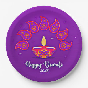 Happy Diwali Add Year 20xx Purple Yellow Red 9" Paper Plate