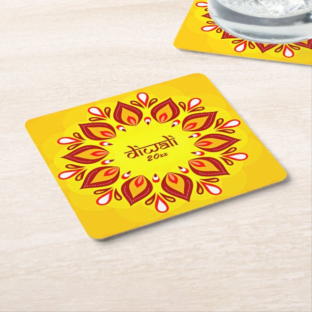 Happy Diwali Add Year Yellow Red  Square Paper Coaster (Angled)