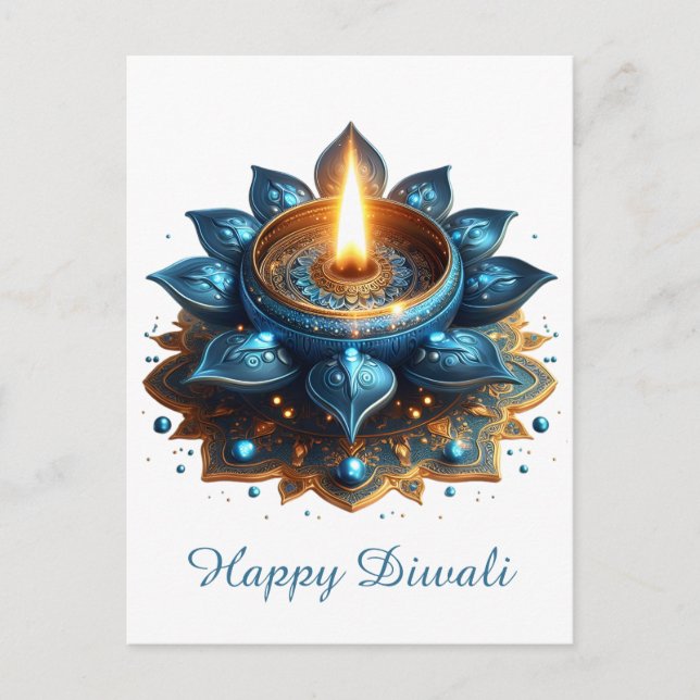 Happy Diwali Blue Gold Diya Festival of Light Holiday Postcard (Front)