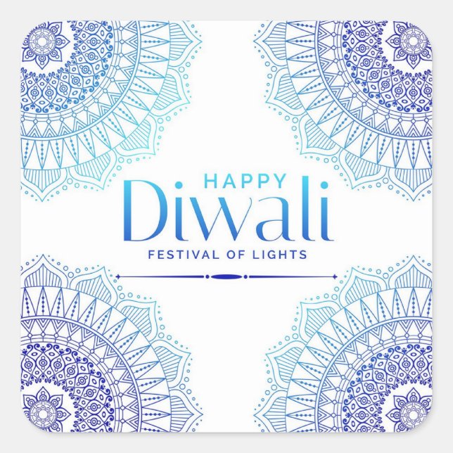 Happy Diwali Blue White Mandala Festival of Light  Square Sticker (Front)