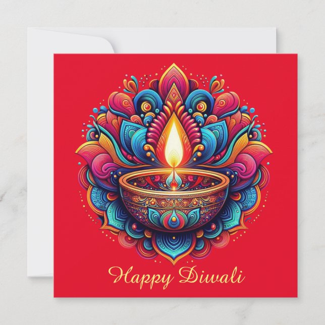 Happy Diwali Colourful Diya Festival of Light Red  Holiday Card (Front)