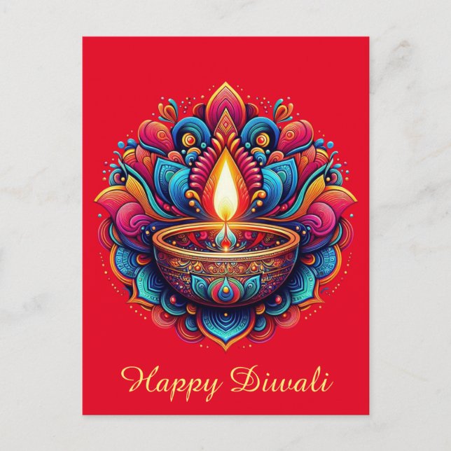 Happy Diwali Colourful Diya Festival of Light Red  Holiday Postcard (Front)