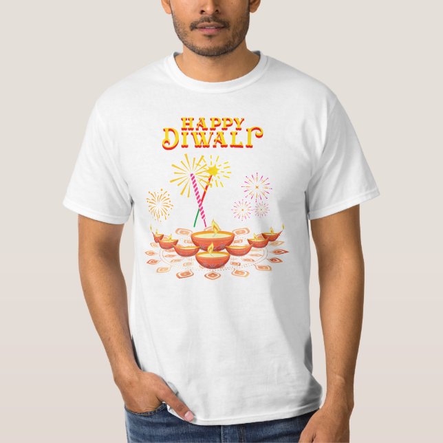 Happy Diwali – Colourful Fireworks and Diya Lamp F T-Shirt (Front)