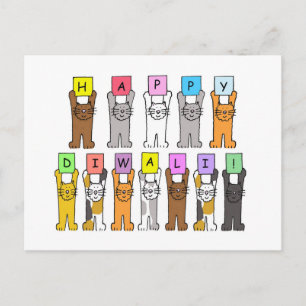 Happy Diwali, Cute Cartoon Cats. Postcard