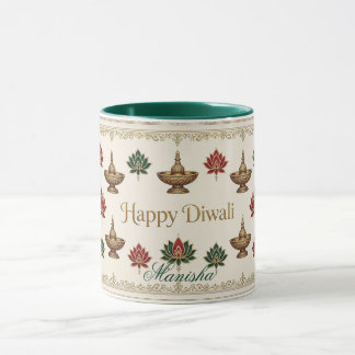 Happy Diwali Deepak Lotus Motifs Indian Heritage Mug