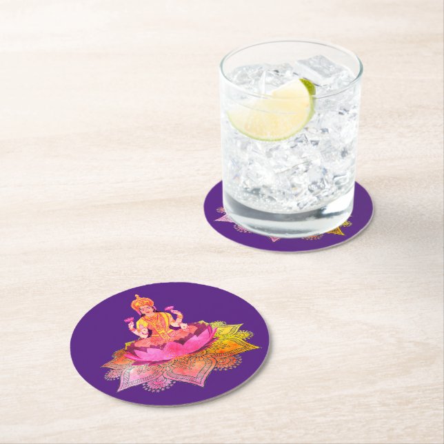Happy Diwali - Deepalavi Lakshmi Goddess 4 Round Paper Coaster (Insitu)