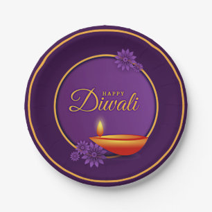 Happy Diwali Diya Candle Purple Gold 7" Paper Plate