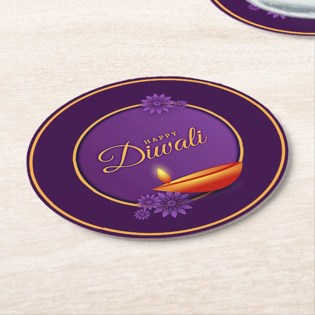 Happy Diwali Diya Candle Purple Gold Round Paper Coaster (Angled)