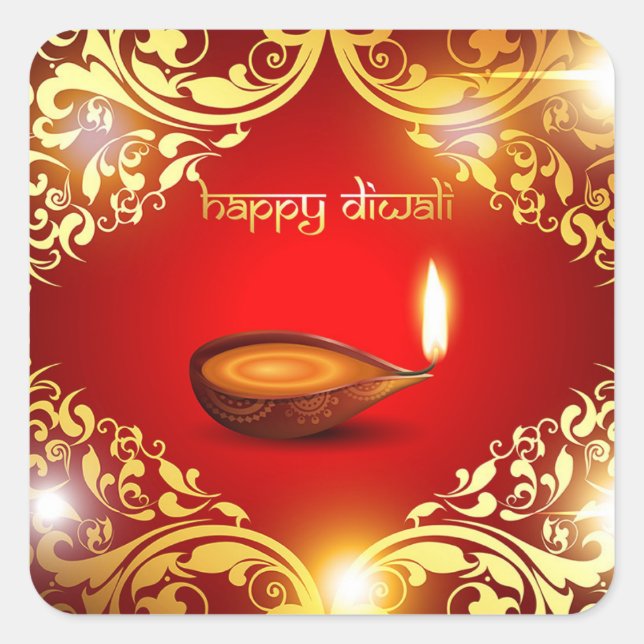 Happy Diwali Diya Festival of Light Gold Red Square Sticker (Front)