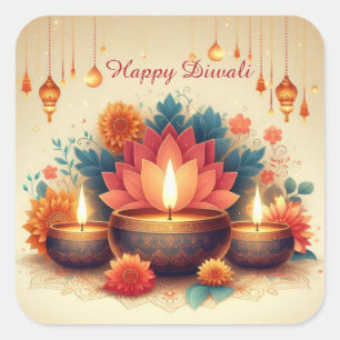 Happy Diwali Diya Lotus Festival of Light Floral Square Sticker