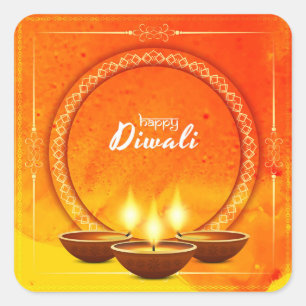 Happy Diwali Diya Yellow Orange Greeting Square Sticker