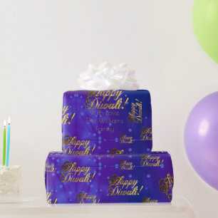 Happy Diwali Elegant Faux Gold Script Blue Purple Wrapping Paper