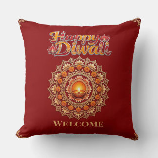 Happy Diwali Festival of Lights Deepak Lotus Red Cushion