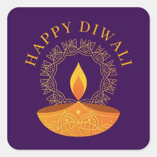 Happy Diwali Festival of Lights Diya Purple Square Sticker