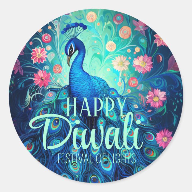 Happy Diwali Festival of Lights Peacock Classic Round Sticker (Front)