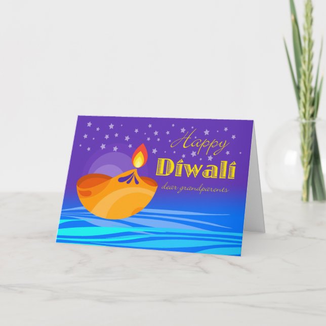 Happy Diwali for Grandparents, Diya and Stars Card (Front)