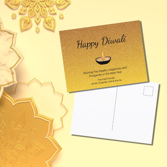 Happy Diwali Glitter Gold Diya Flame Lamp Postcard (Creator Uploaded)