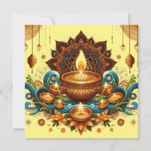 Happy Diwali Gold Diya Festival of Light Blue Holiday Card