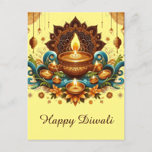 Happy Diwali Gold Diya Festival of Light Blue Holiday Postcard
