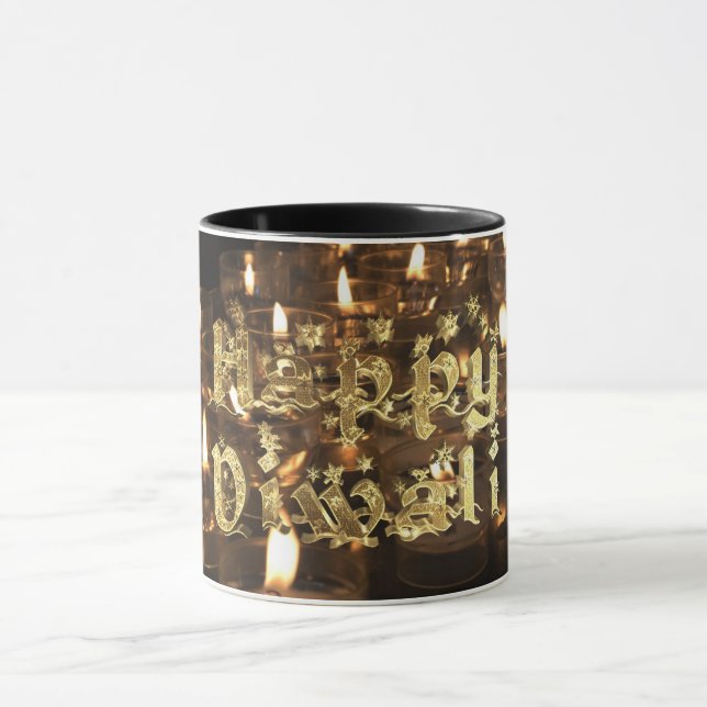 Happy Diwali Gold Stars Typography Candlelight Mug (Center)