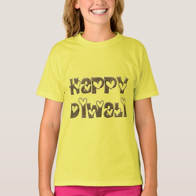 Happy Diwali Greeting Cute Hearts Typography T-Shirt (Front)