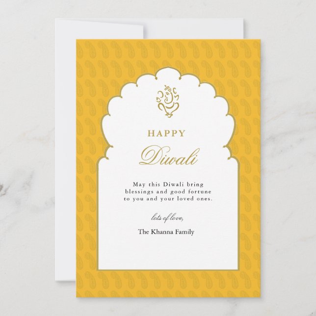 Happy Diwali Greeting Yellow Gold Ganesh  Holiday Card (Front)