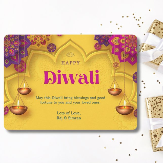 Happy Diwali Greeting Yellow Purple Floral Holiday Card (Creator Uploaded)