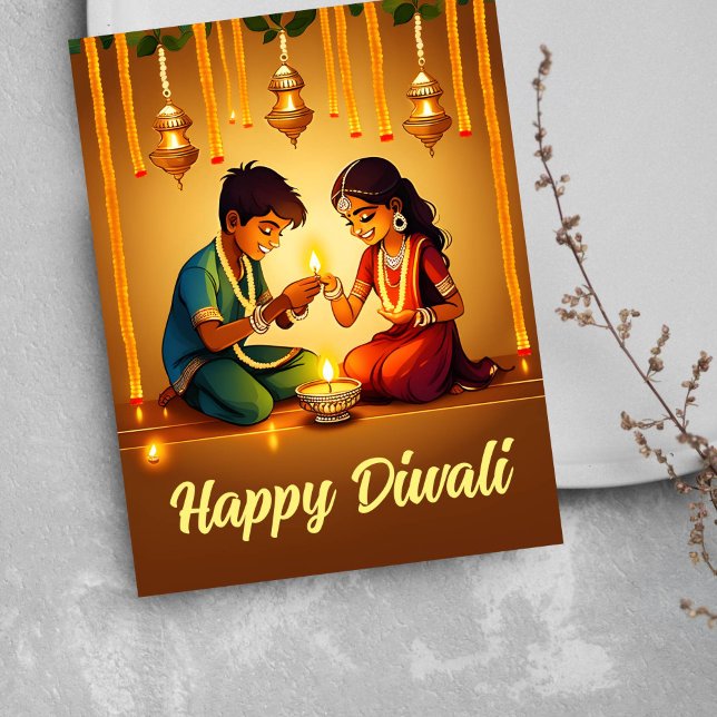 Happy Diwali greetings card (Happy Diwali greetings postcard Indian boy and Indian girl lighting diya lamps religious greetings )
